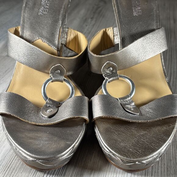 Michael Kors Marin Slide MC Gold Bronze 3.5” Wedge Sandal Silver Ring US 9 - Picture 4 of 16